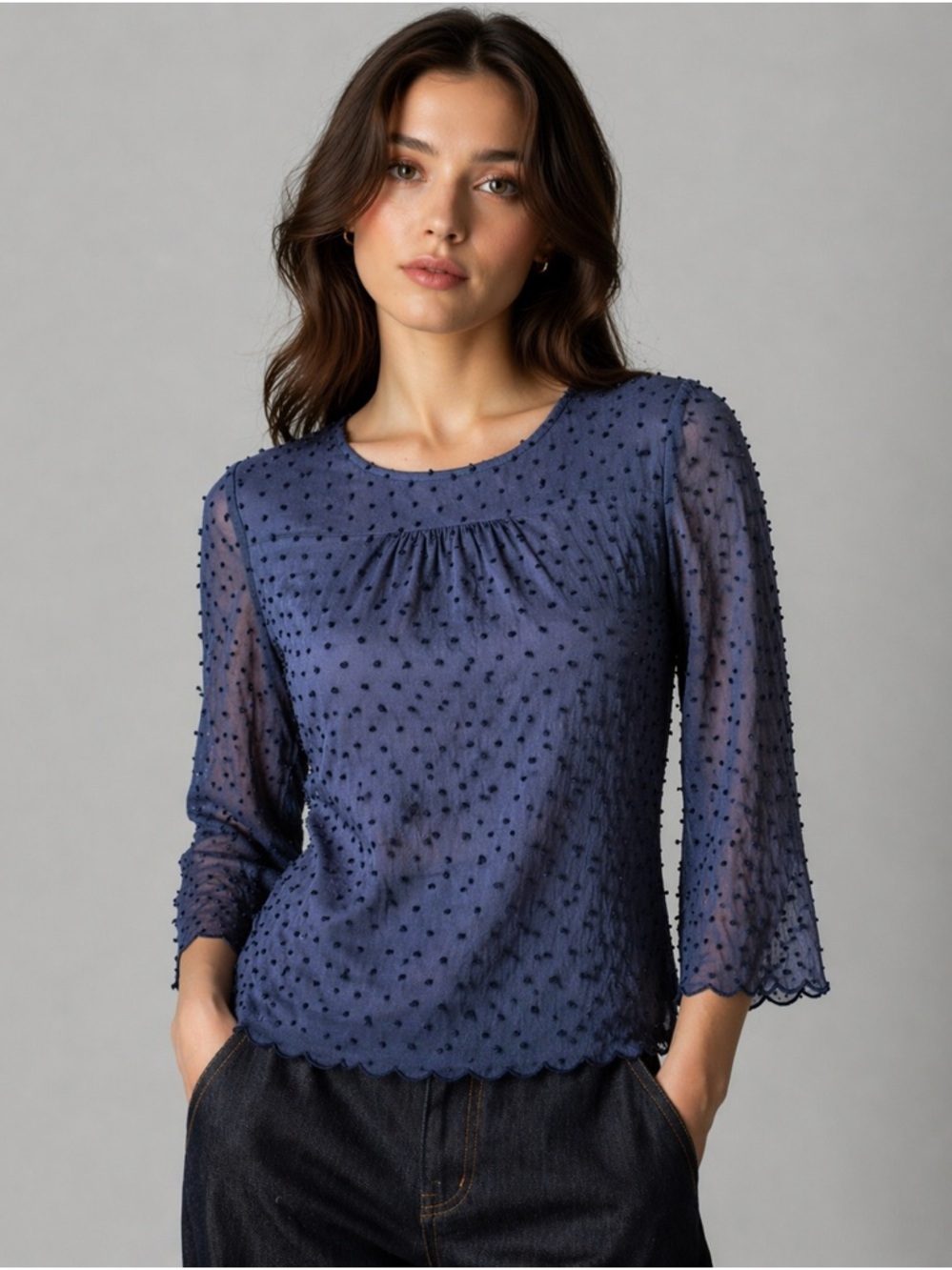 Maeve Navy Swiss Dot Textured Blouse
Size: D (fits like Medium)